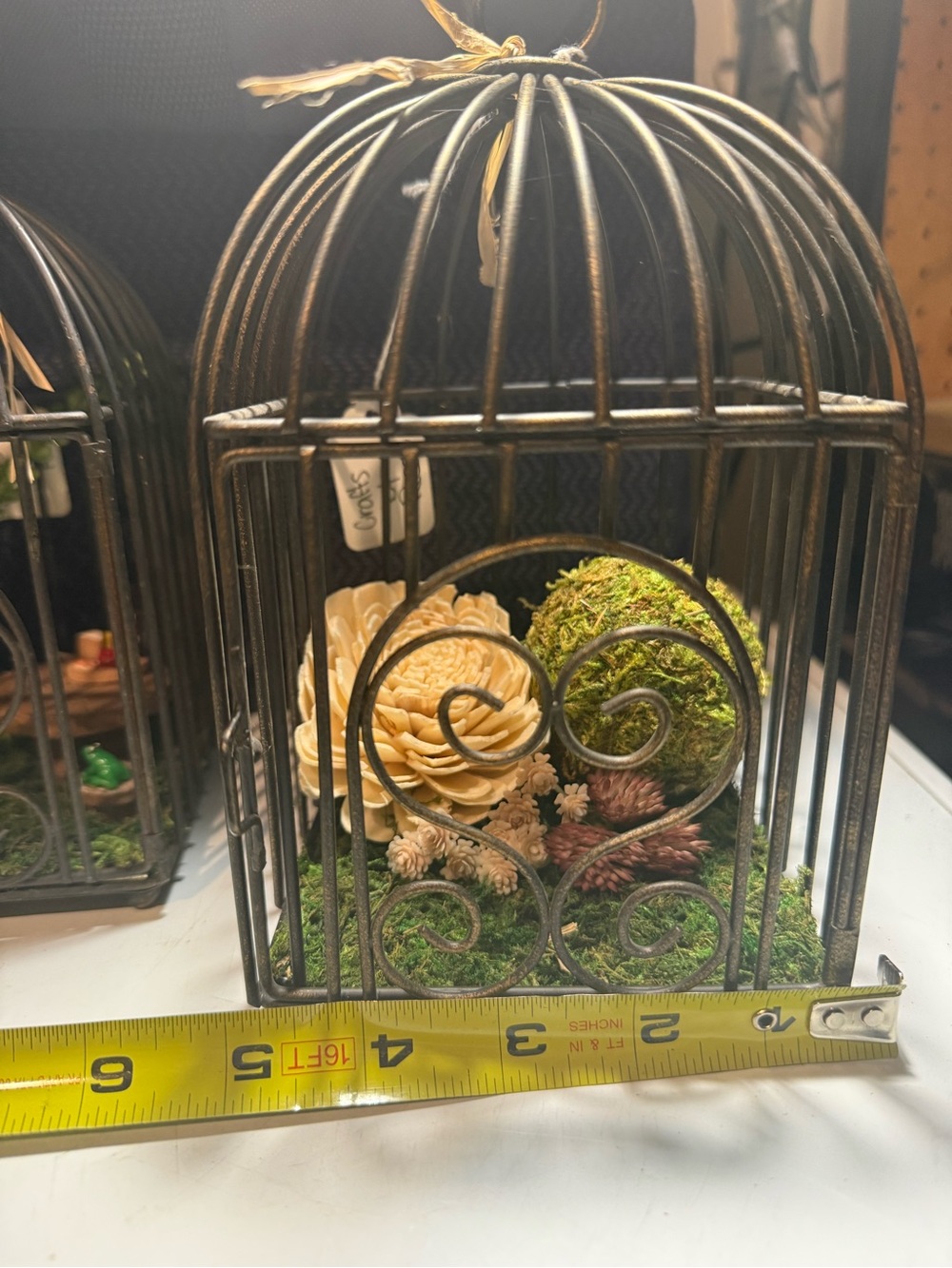 Decorative Black Metal Birdcage with Natural Moss and Wood Flower Accent